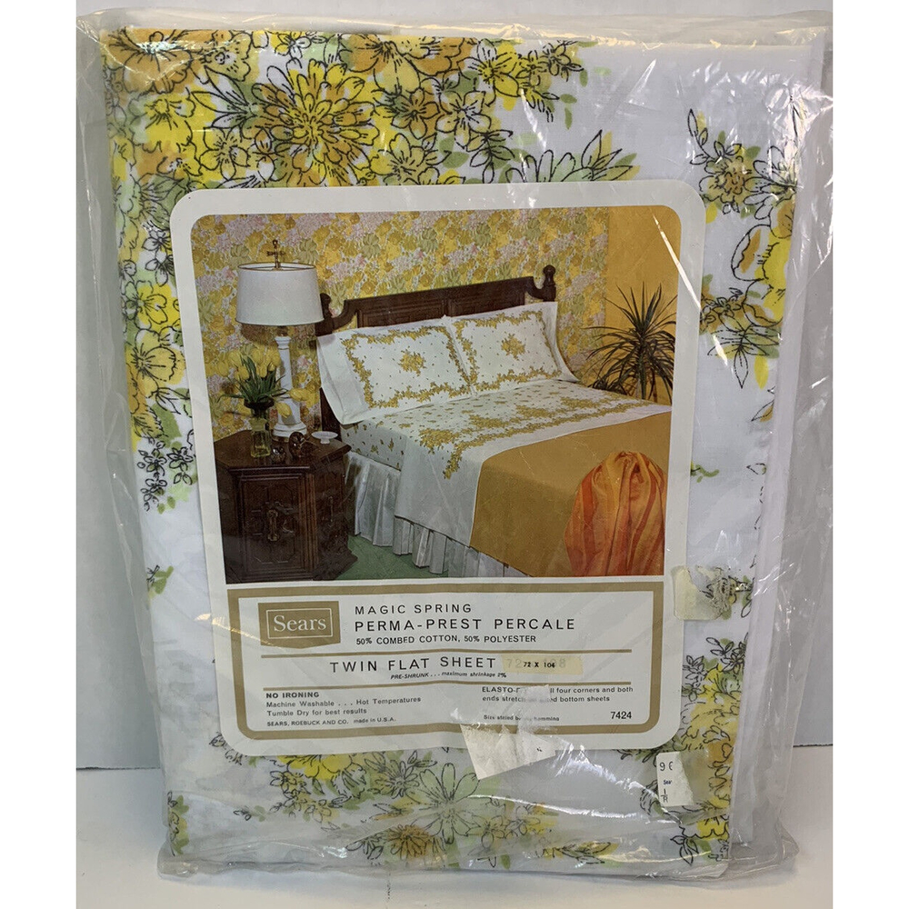Vintage Sears Magic Spring Perma- Prest Percale Twin Flat Sheet NOS‎
